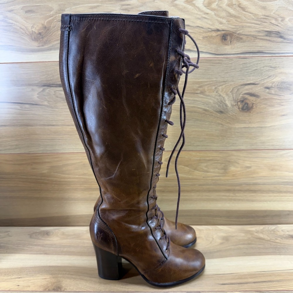 FRYE FLAWED Parker Tall Lace Up Boot Womens 7.5 M Brown Leather Vintage Y2K Boho